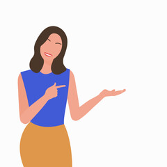 Young smiling women pointing left side on a white background in blue short and yellow skirt. Vector illustration, flat faceless style. Jpg/eps/svg/png files
