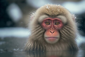 Naklejka premium illustration, macaque monkey bathing in onse hot springs,image generated by AI