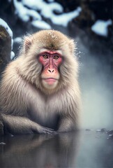 illustration, macaque monkey bathing in onse hot springs,image generated by AI