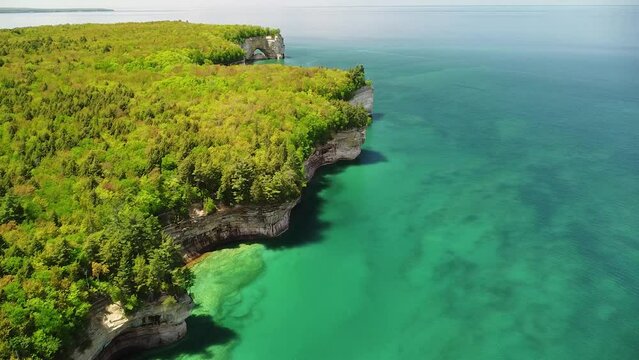 Aerial Coast of Sandstone Rock Cliffs, Pictured Rocks Natinal Lakeshore, Munising, Michigan