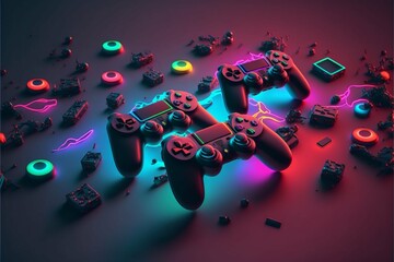 three black game controller, joystick, on flat surface, scattered parts, neon colors, gamer. Generative Ai
