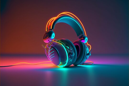 super modern headphones with neons on a flat surface, neon colors gradient background. Generative Ai