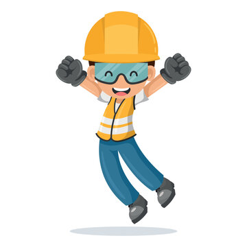 Industrial construction worker jumping happily in his personal protective equipment. Industrial safety and occupational health at work