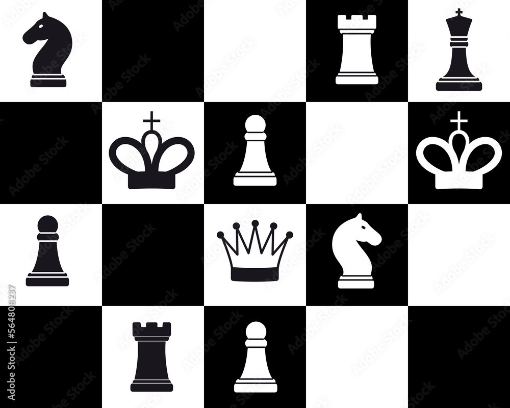Poster black and white chess. graphic element for website. sports and useful hobby. game of logic and intel