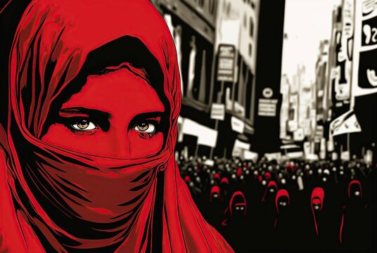 illustration, muslim girl in iran in protest with red burqa, image generated by AI
