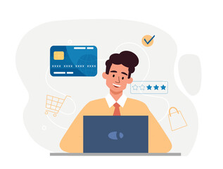 Fototapeta na wymiar Online shopping concept. Man with laptop and card writes review for product. Home delivery and modern technologies. Satisfied customer feedback, ranking and rating. Cartoon flat vector illustration