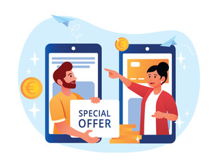 Attracting clients concept. Man and woman on smartphone screens with gold coins. Marketing and promotion of goods or services on Internet. Loyalty program and bonuses. Cartoon flat vector illustration