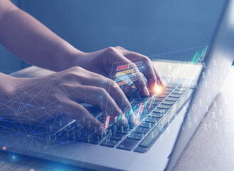 Blockchain technology and blockchain network business banner ideas Global cryptocurrency blockchain title. Blockchain title side view with 0's and 1's flying on top. image of investors