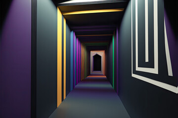 Minimalist empty hallway with colorful lines, 