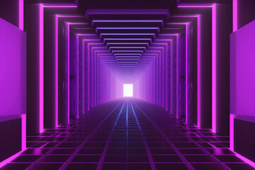 Futuristic Purple Neon Empty Hallway with grid pattern,