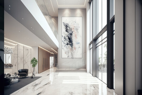 Lavish fancy apartment interior, marble floor, High ceilings, High glass windows, art deco, 