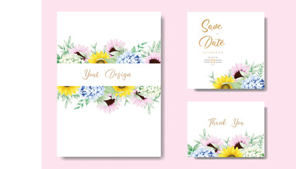 Fototapeta na wymiar Beautiful watercolor Floral Hydrangea and Sun flower wedding invitation Card Template