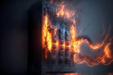 Fototapeta premium Industrial Electrical panel on fire, short circuit and junction cable box fire in house appartment or factory. Generation AI