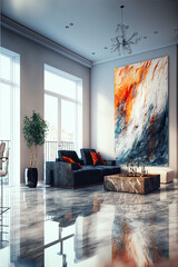 Lavish fancy apartment interior, marble floor, High ceilings, High glass windows, art deco, 
