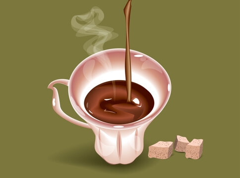 vector illustration with a thin light pink and white porcelain cup of dark hot chocolate and cane sugar on the green background.
