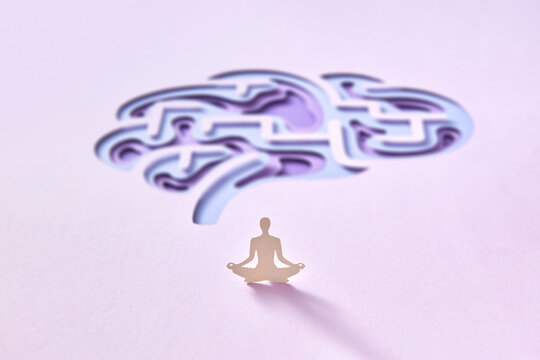 Paper meditating human in front of brain.