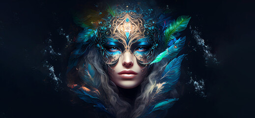 Carnival banner mardi gras young woman wearing venetian mask looking at camera portrait copy space. Generative AI