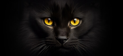 Black cat look yellow eyes front view copy space. Generative AI