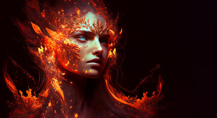 Fire element woman goddess fantasy human representation. Generative AI model - obrazy, fototapety, plakaty
