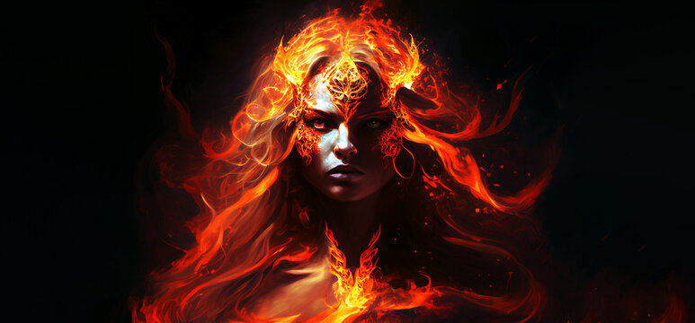 Fire element woman goddess fantasy human representation. Generative AI model