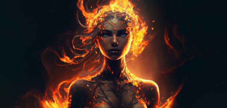 Fire element woman goddess fantasy human representation. Generative AI model
