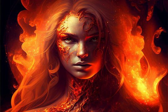 Fire element woman goddess fantasy human representation. Generative AI model