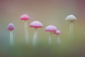 Soft colors pink mushrooms on neutral background, generative ai illustration with copy space