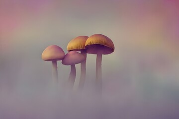 Soft colors orange and pink mushrooms on neutral background, generative ai illustration with copy space