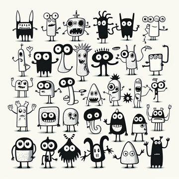 set of black and white doodle creatures and monsters illustration sprite flash sheet style, 
