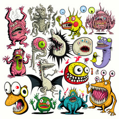 set of colorful weird creepy cartoon creatures and monsters illustration sprite flash sheet style, 