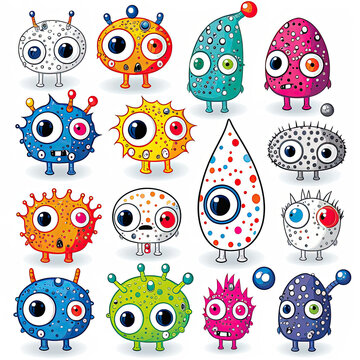 set of colorful cartoon polka dot creatures and monsters illustration sprite flash sheet style, 