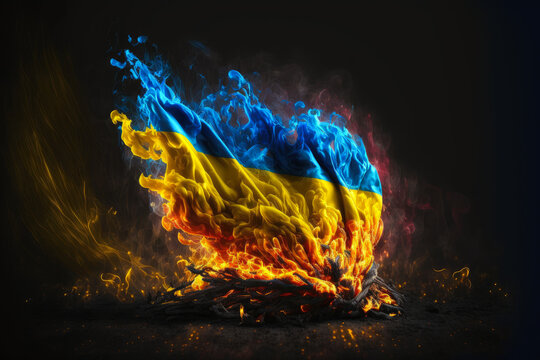 smoking ukrainian flag on dark background, Generative AI