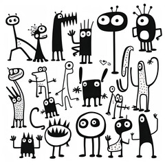Fototapeta na wymiar set of black and white doodle creatures and monsters illustration sprite flash sheet style, Generative AI