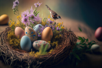 colorful easter nest with easter eggs, generative ai - 564811696