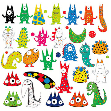 set of colorful cartoon polka dot creatures and monsters illustration sprite flash sheet style, Generative AI