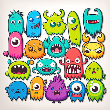 set of colorful cartoon creatures and monsters illustration sprite flash sheet style, Generative AI