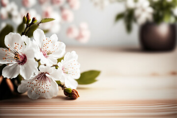 Naklejka na ściany i meble a cherry blossom twig on a wooden table, Generative AI