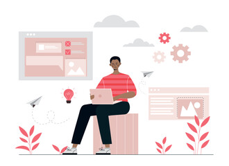 Man with laptop concept. Graphic designer or programmer develops website. Remote employee or freelancer in workplace. Earnings on Internet, landing page design. Cartoon flat vector illustration