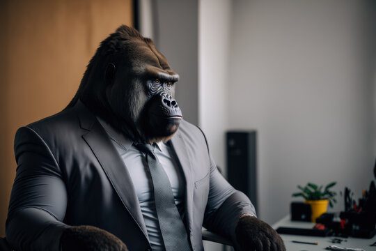 portrait of a gorilla in a business suit at the office, Generative AI