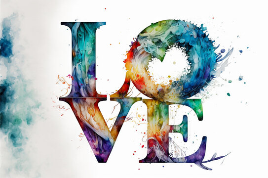 colorful and abstract watercolor image of the word Love, generative ai