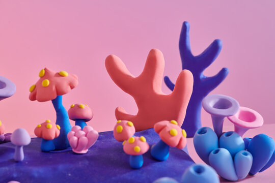 The polymer clay corals with underwater view background.