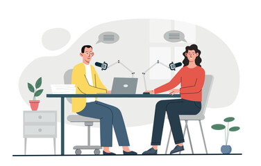 Audio podcast concept. Man and woman with microfoams and laptops sitting in studio. Production of interesting and highquality content. Radio leads and hosts at work. Cartoon flat vector illustration