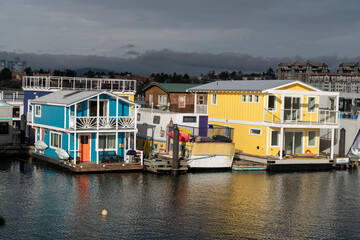 Colorful houseboats at Fishermans's Wharf, Victoria, British Columbia, Canada