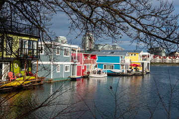 Fototapeta na wymiar Colorful houseboats at Fishermans's Wharf, Victoria, British Columbia, Canada