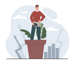 Man watering plants. Successful entrepreneur and investor. Guy with flower against background of growing graphs and charts. Working with statistics and information. Cartoon flat vector illustration
