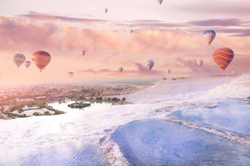 Pamukkale Turkey Natural travertine pools blue water and terraces with air balloon