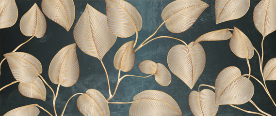 Abstract art background with hand drawn tree leaves with golden line art elements. Botanical banner with exotic plants for decoration, print, textile, wallpaper, interior design
