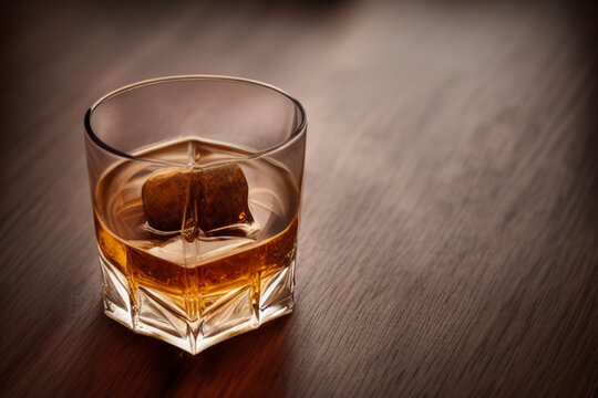 glass of whiskey on wood table