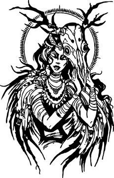 Black and white illustration of a woman with an animal skull