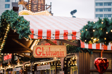 Christmas market with 'Glühwein" sign